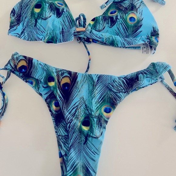 Turquoise Blue Peacock Thong Bikini Size L - Picture 5 of 6